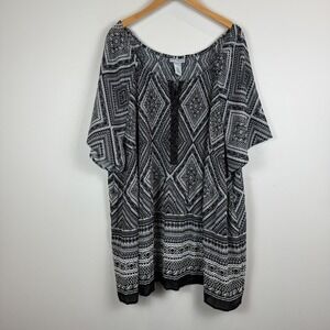 Catherines Top Women 3X 26/28W Black White Geometric Beaded Tunic Mature Classic